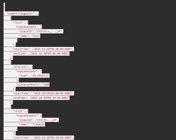 Fragmento de código JSON del archivo Rutes.json